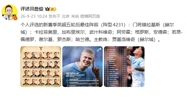 已赛5轮!詹俊评英超最佳阵:曼城3人 阿森纳、切尔西、赫尔城2人